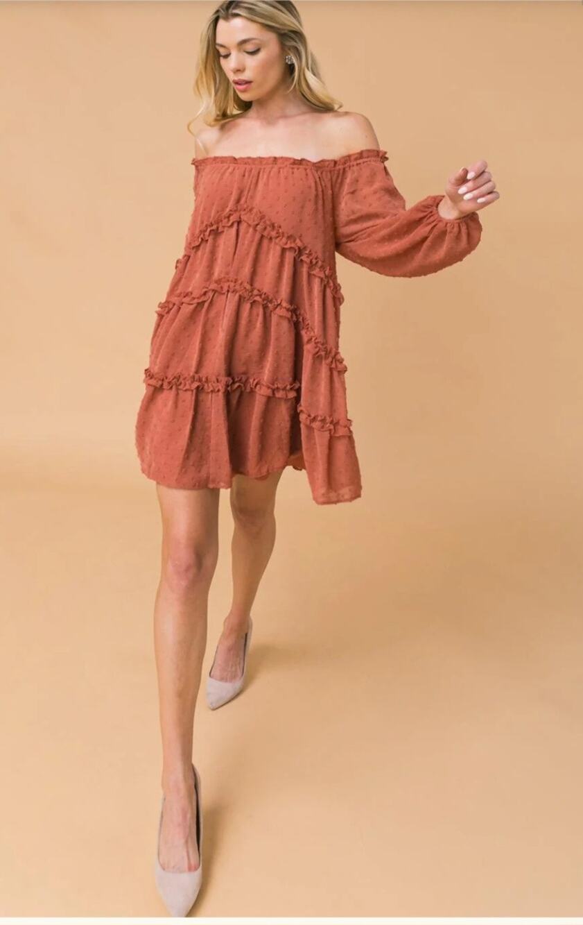 LoveColeette Flying Tomato Rustic Orange Swiss Dot Tiered Ruffle Dress Sz L